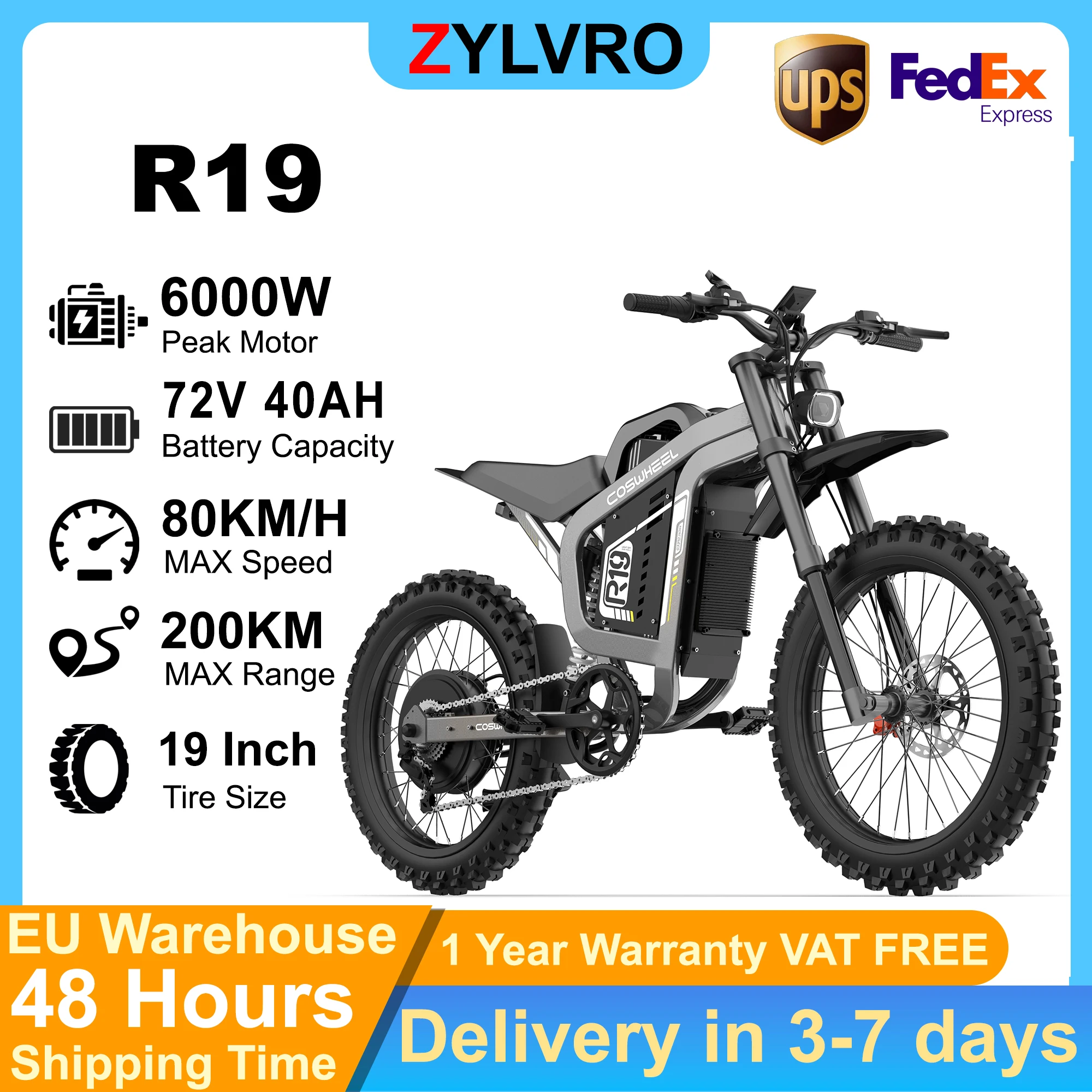 ZYLVRO R19 E Bike für Herren, Elektromotorrad für Erwachsene mit 72V 40Ah Akku, 19-Zoll-Offroad-Reifen, hydraulische Bremsen, Elektro-Motocross, bis zu 200 km Reichweite, 7 Gänge