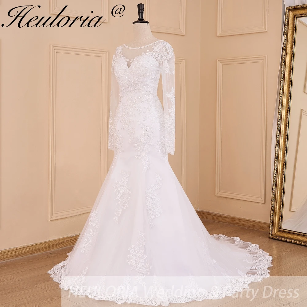 HEULORIA elegant mermaid Wedding Dresses long sleeve o neck lace beading plus size Bride Dress Robe de mariage customize