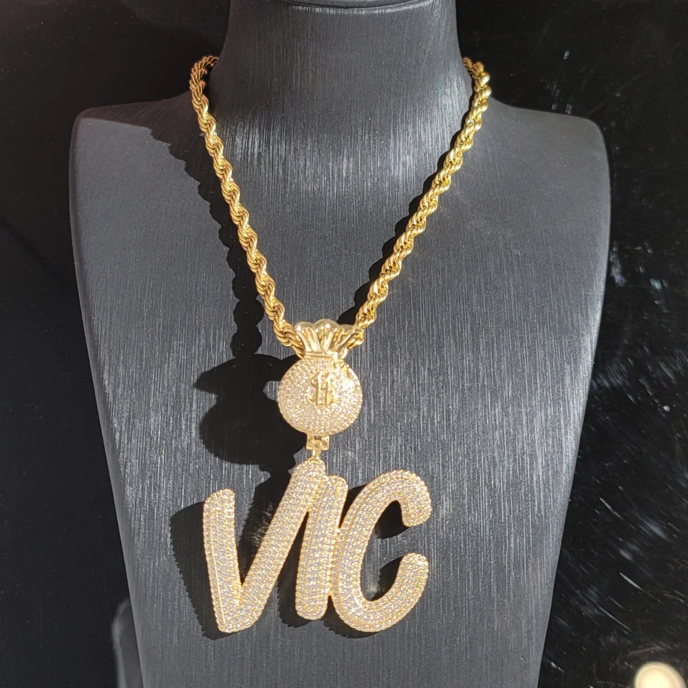 Custom Iced Out Money Bag Bail Letter Pendant Personalized Dollar  Sign Letter Necklace Chain Charm Hip Hop Jewelry Gift For Him