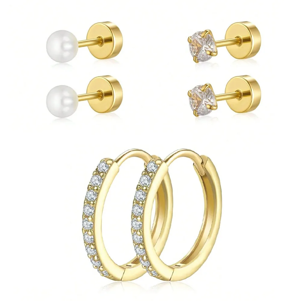 3 Pairs Dainty Huggie Stack Hoop Imitation Pearl Stud Set for Women, 14K Gold Plated Hypoallergenic Trendy CZ Cartilage Earrings
