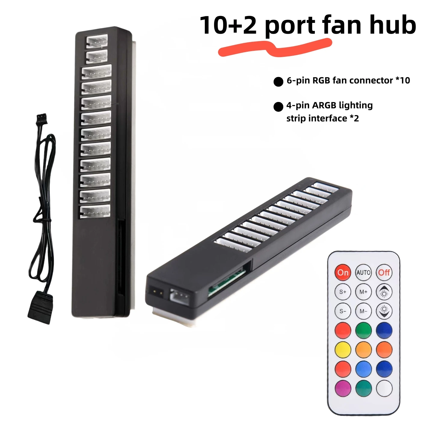 10+2 Port RGB Fan Hub with IR Remote, 6pin PWM Fan Splitter+4pin ARGB Light Strip Interface, SATA Powered - Batteries Not Includ