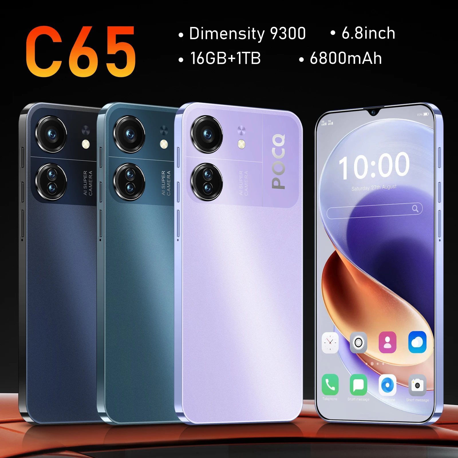

2026 NEW HOT Silicone Case For C65 6.8" Waterdrop Screen Dimensity 9300 16GB 1TB Dual Card 6800mAh