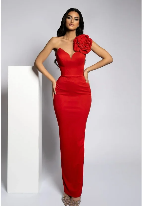 

Red Fashion One Shoulder Flower Sexy Sleeveless Slim Fit Long Dress 2024 Rayon Splicing Party Dress