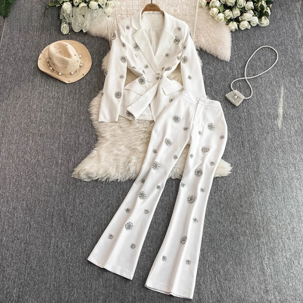 TWOTWINSTYLE Dwuczęściowy zestaw dla kobiet Kołnierz z wycięciem Długi rękaw Płaszcz z guzikami Spodnie z wysokim stanem Modny zestaw damski KSE 518171 — zdjęcie 2