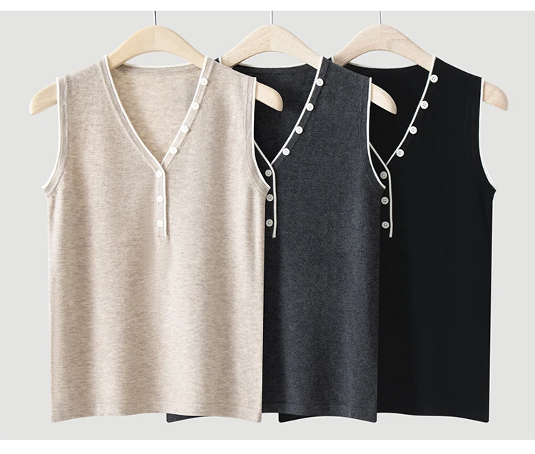 ML62129 Damen Vintage V-Ausschnitt Ärmellose Strickweste mit Kontrastbesatz und Knopfleiste aus Modal-Mischgewebe, Sommerliches Casual-Oberteil – Detail 7