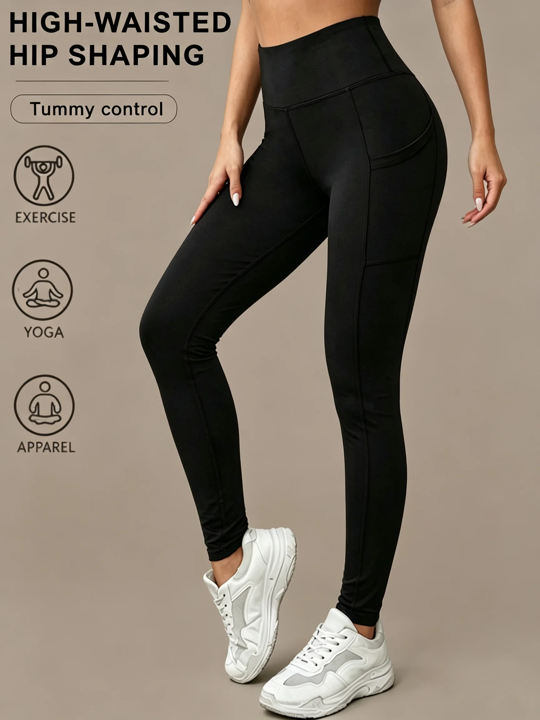 New High Waist Booty Yoga Lifting Leggings with Pockets, Women's Slim Fit Breathable Pants Solid Color Fittness Workout Pants