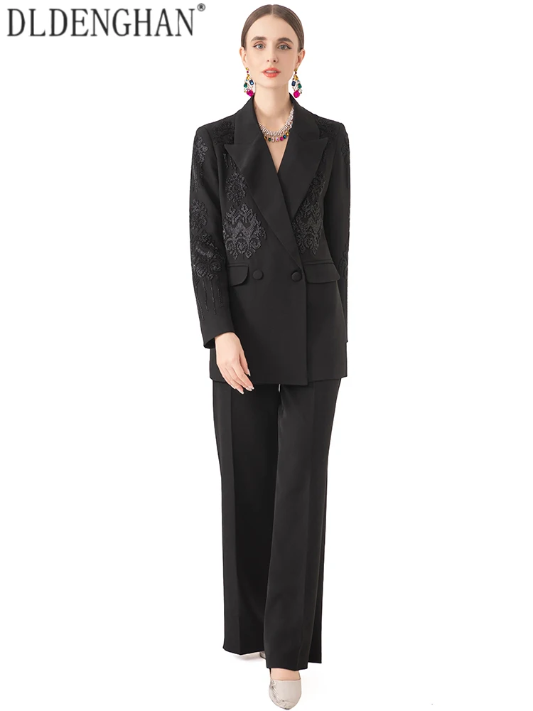 DLDENGHAN Women Lapel Long Sleeves Single Breasted Beading Decorate Spring Autumnal Office Lady Solid Trousers 2-Piece