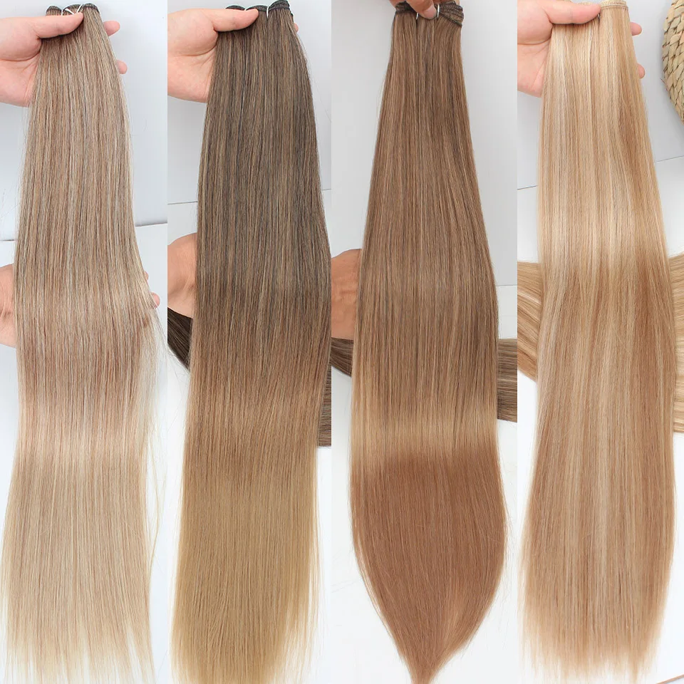 وصلات شعر صناعية مستقيمة طبيعية خياطة في ألياف مقاومة للحرارة وصلات شعر ذيل حصان 26 "200 جرام خصلات شعر