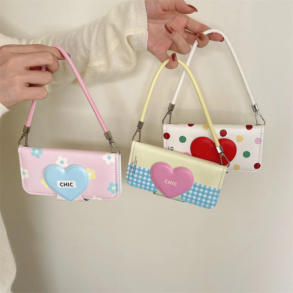 

INS Polka Dot Plaid Cute Flower Luxury Leather Flip Case for iPhone 17 16 Pro Max 15 Pro 13 14 Cover with wrist strap Cover Case