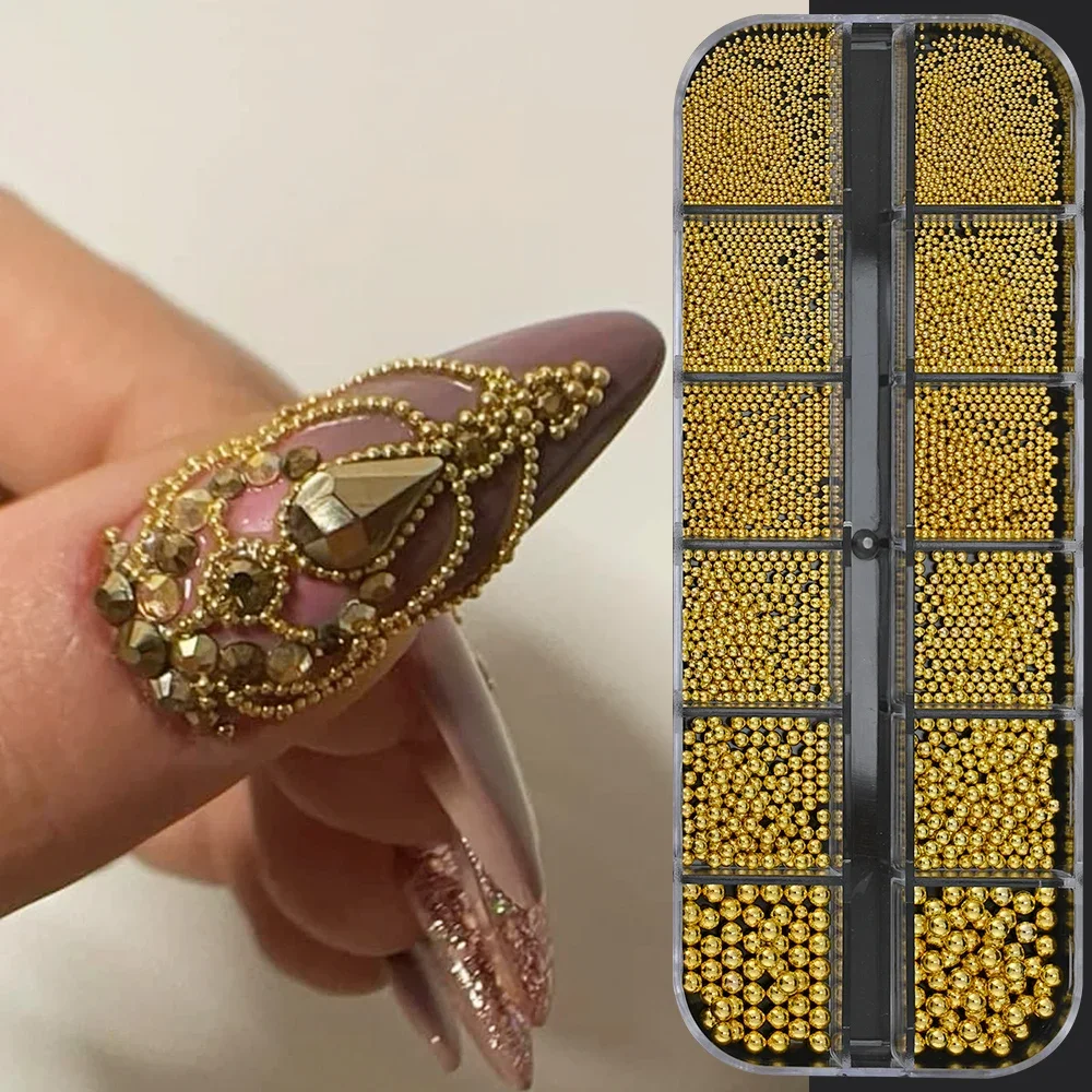 12 grilles/boîte de perles de Caviar dorées, breloques pour ongles, tailles mixtes 3D, Mini perles rondes Y2K, décoration d'ongles, bricolage, pièces métalliques, accessoire