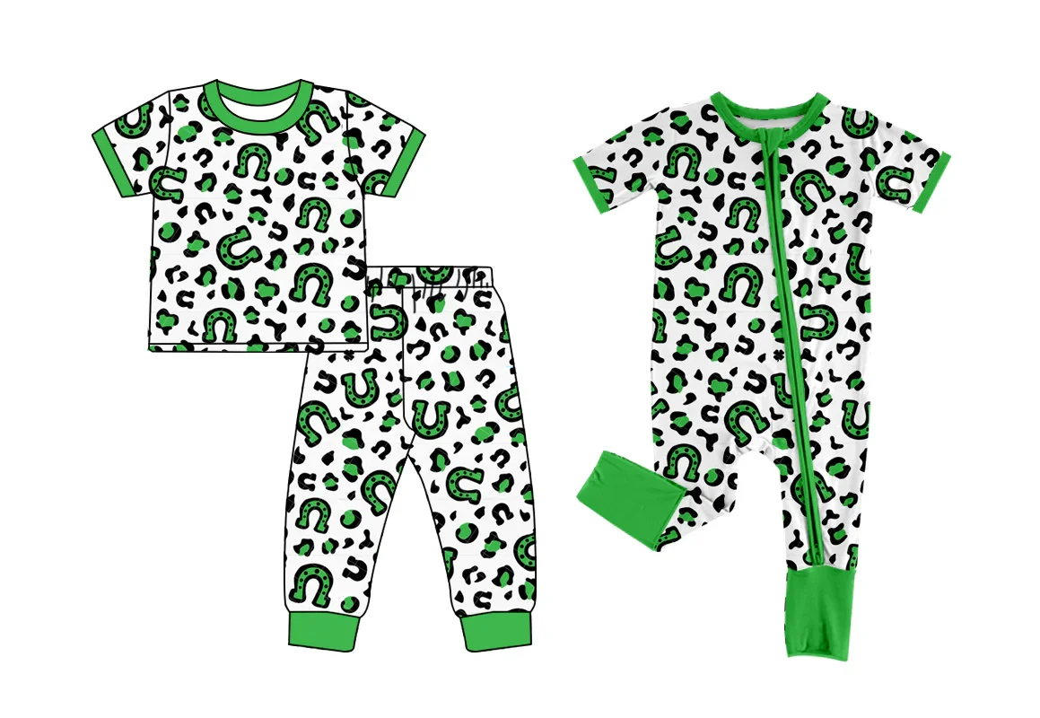 St. Parker Collection Boys short sleeve suit Baby short sleeve onesie Green leopard print milk silk sibling suit