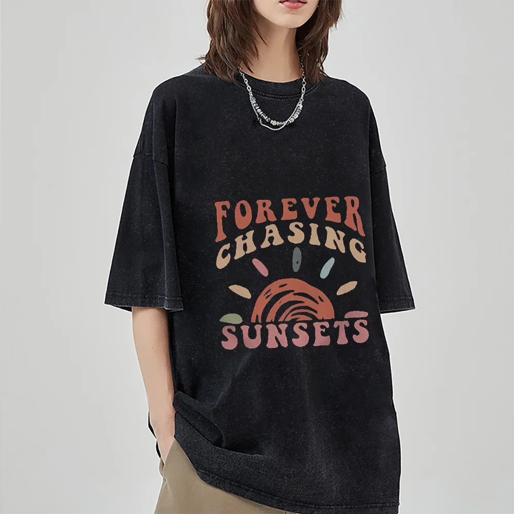 Chasing Sunsets Washed T-Shirt Streetwear Vintage T-Shirt Sommer Y2k Graphic Tees O-Ausschnitt Kurzarm Casual Unisex Tops