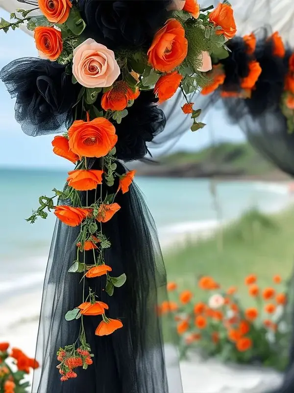 2 Stück schwarzer Polyester-Tüllstoff – perfekt für Hochzeitsbögen, Halloween, Geburtstagsfeiern und Bühnendekorationen. – Detail 9