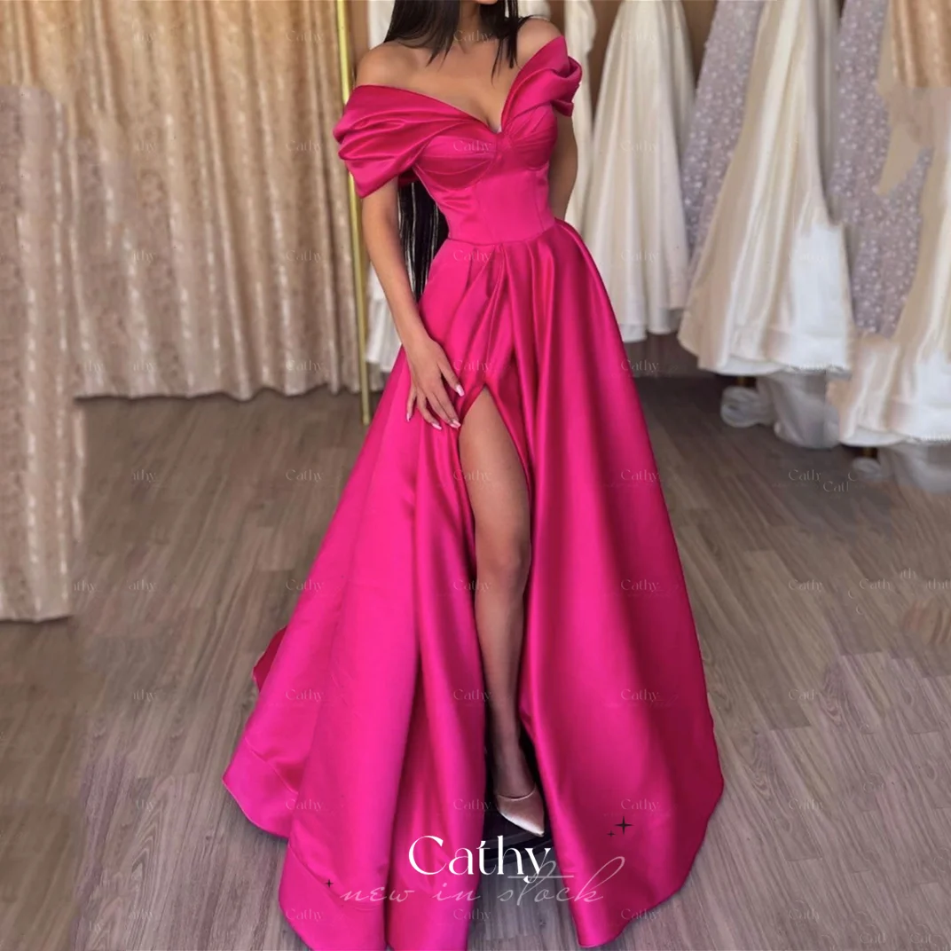 Cathy Elegant Red Satin Party Dress Long Prom Evening Dress Pleated High Side Slit Evening Dress Sexy Card Shoulder Sweetheart