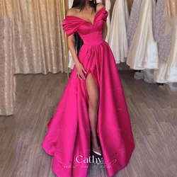 Cathy Elegant Red Satin Party Dress Long Prom Evening Dress Pleated High Side Slit Evening Dress Sexy Card Shoulder Sweetheart