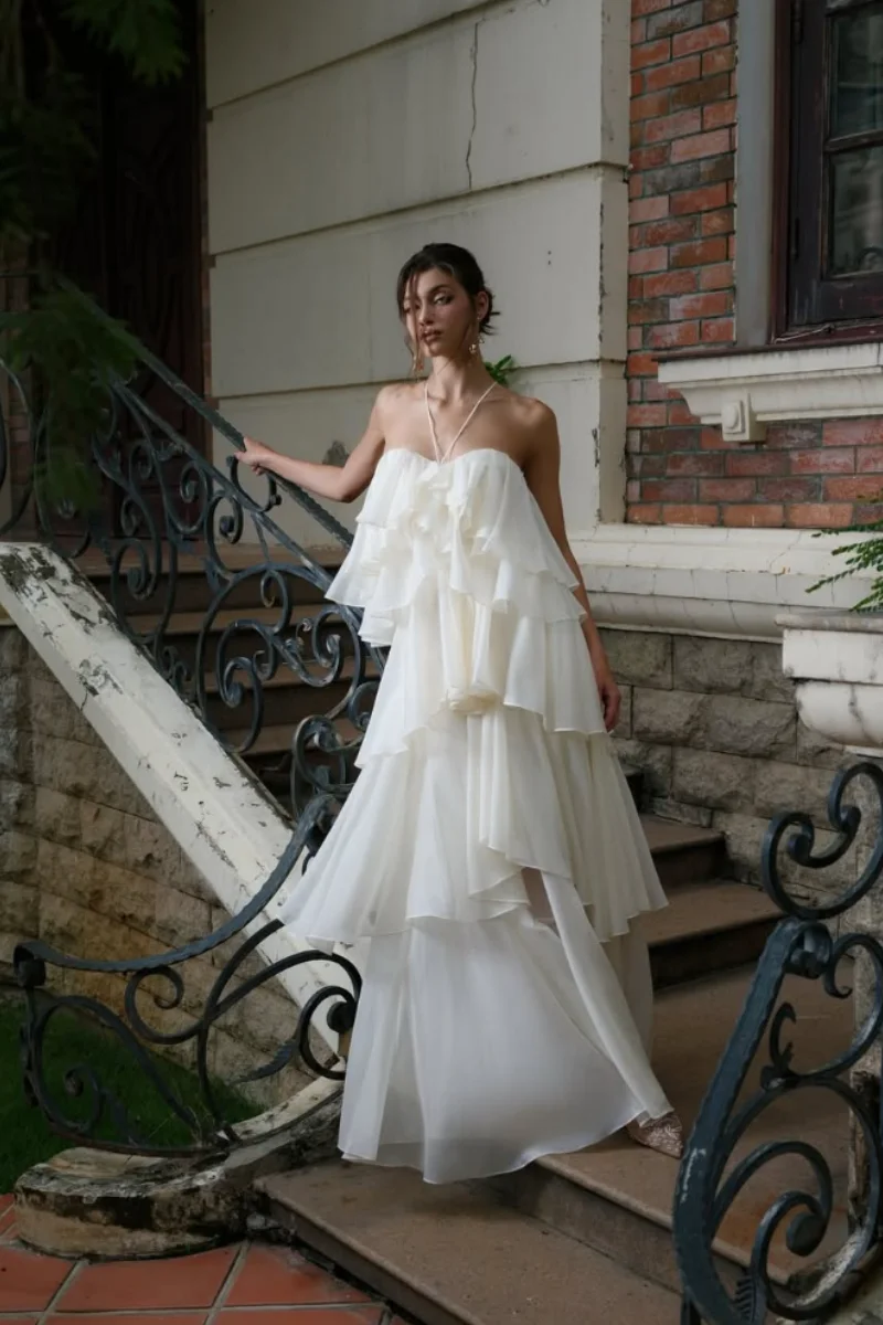 Jessica Halter White Evening Dresses Chiffon Ruffle layering Prom Dresses A-Shape Wedding Party Dresses Customized