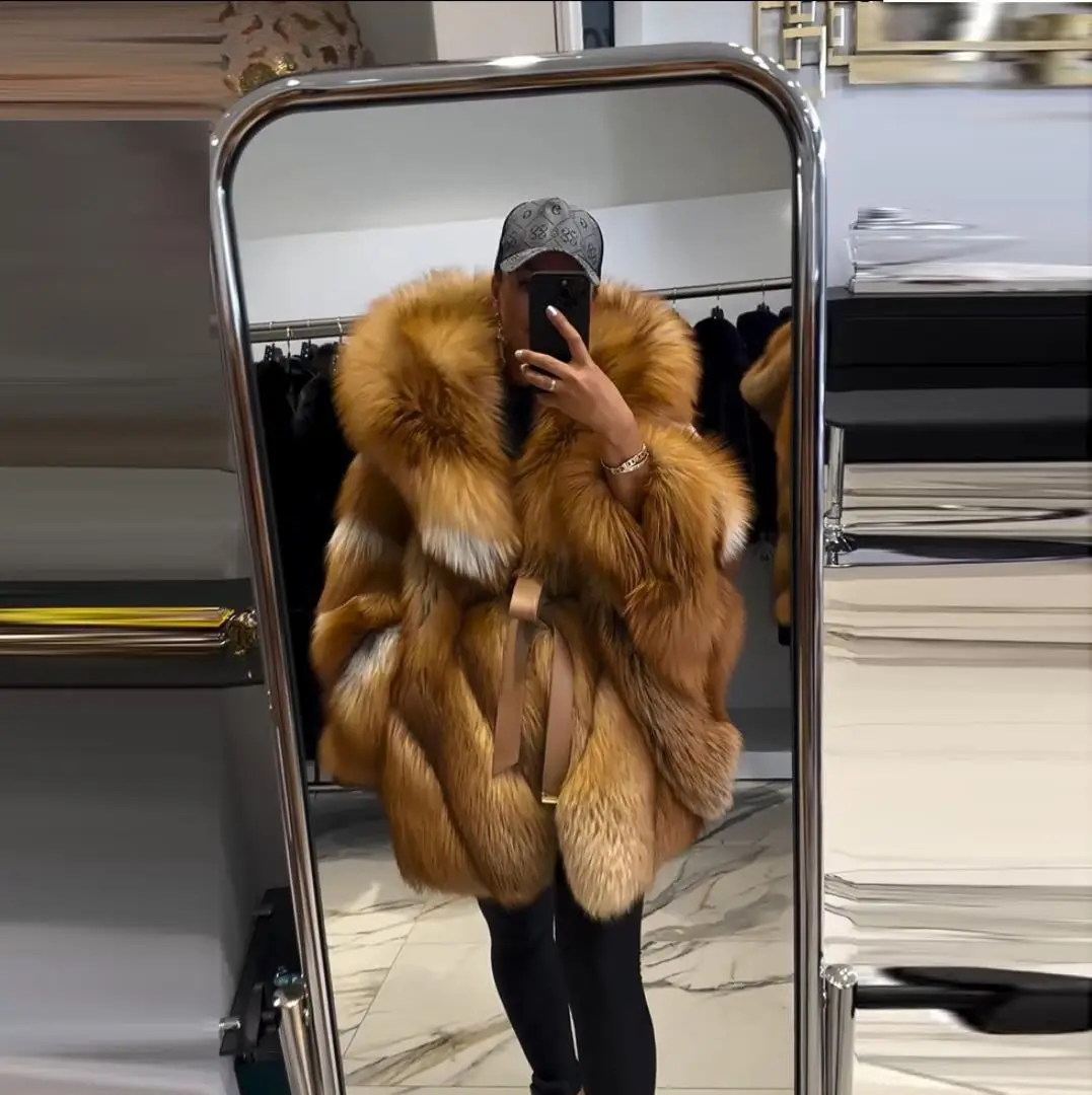 Women Fashion Long Real Red Fox Fur Coat with Hood High Quality Natural Woman Genuine Red Fox Fur Coats Casual Outwear Winter