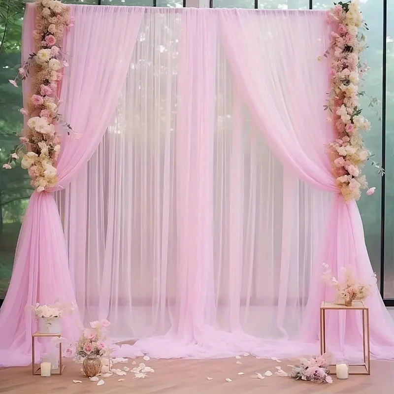 2 Stück transparente Hintergrundvorhänge – aus weichem, rosa Netzstoff, geeignet für Zeremonien, Hochzeiten, Partys und Veranstaltungen. – Detail 2