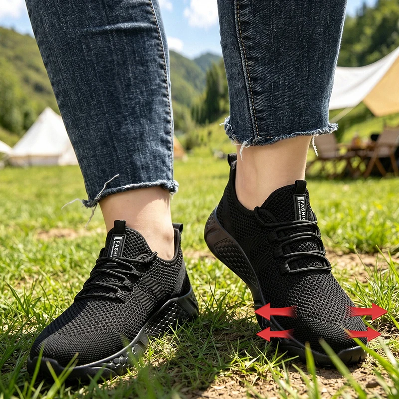 Knit Fabric Lace Up Sneakers - Damen-Sneaker mit Breiter Passform, Atmungsaktive Strick-Leichtgewicht-Freizeitschuhe