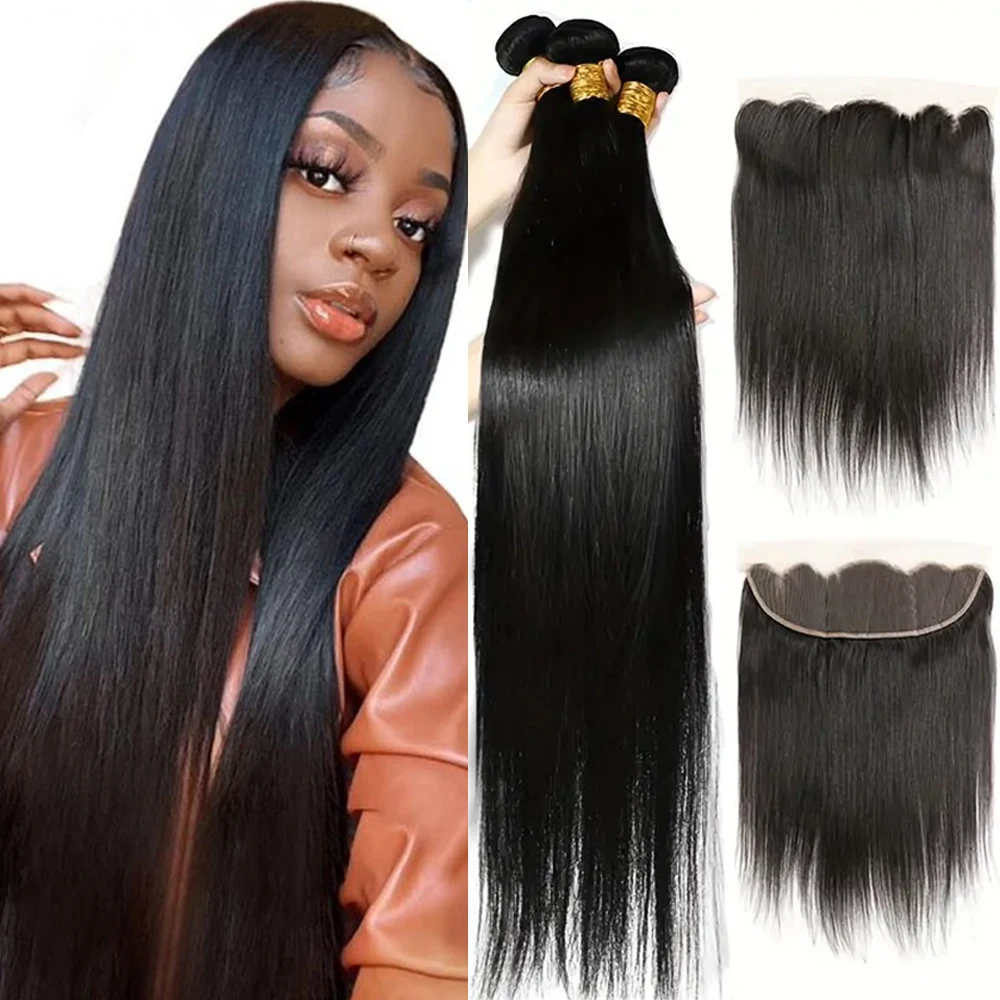 Human Hair Bundles With 13x4 Frontal Brazilian Straight Bundles With Closure Human Hair Weave Extensions 3 Bundles Remy Hair