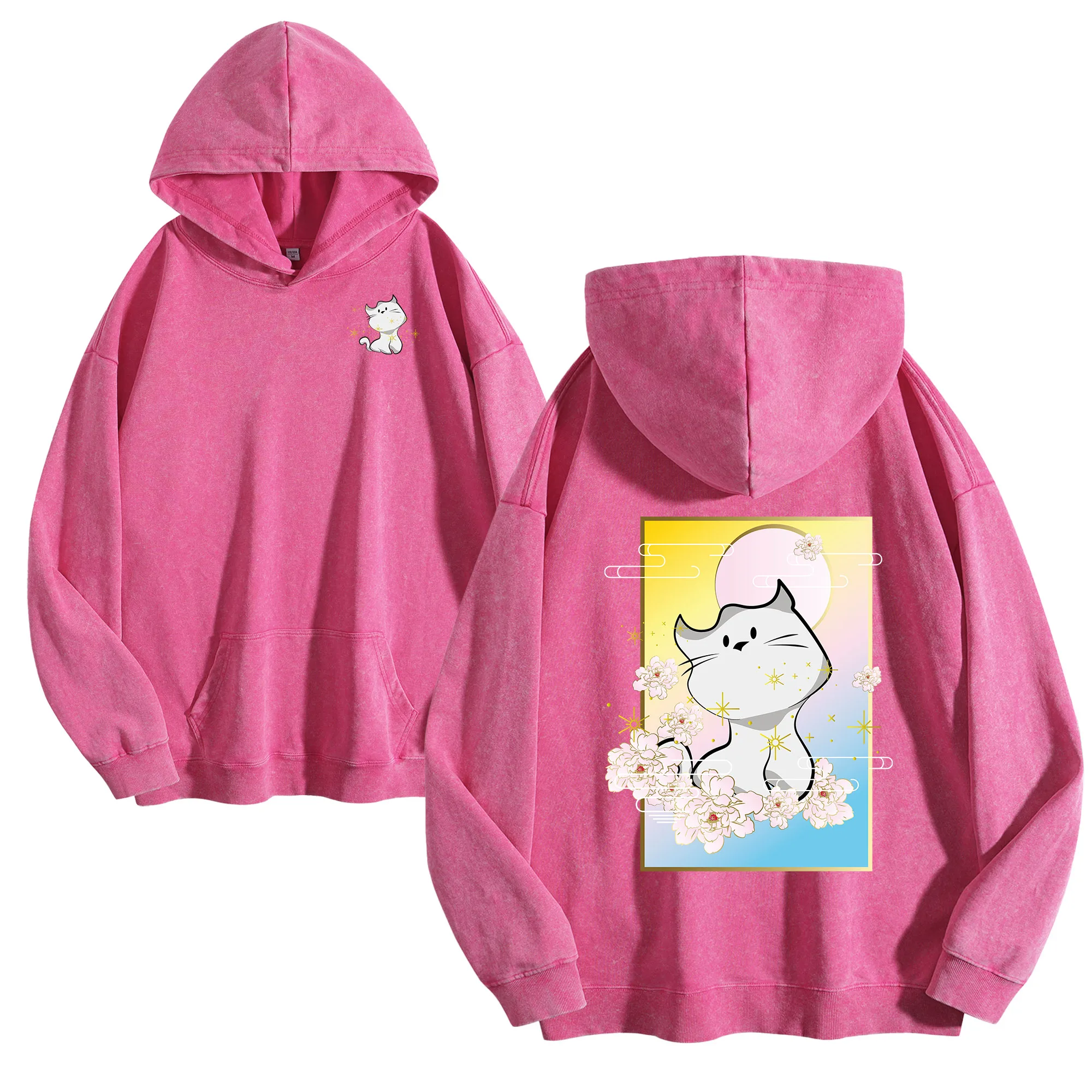 ورقة القط على الوجهين طباعة 400G خمر غسلها هوديي للجنسين المتضخم الشارع الشهير البلوز مجموعة الخريف/الشتاء