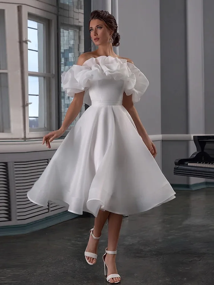 Short  A-line Wedding Dresses Ruffles Off-Shoulder Puffy Mid-Calf Bridal Gowns Civil Engagement vestido de novia
