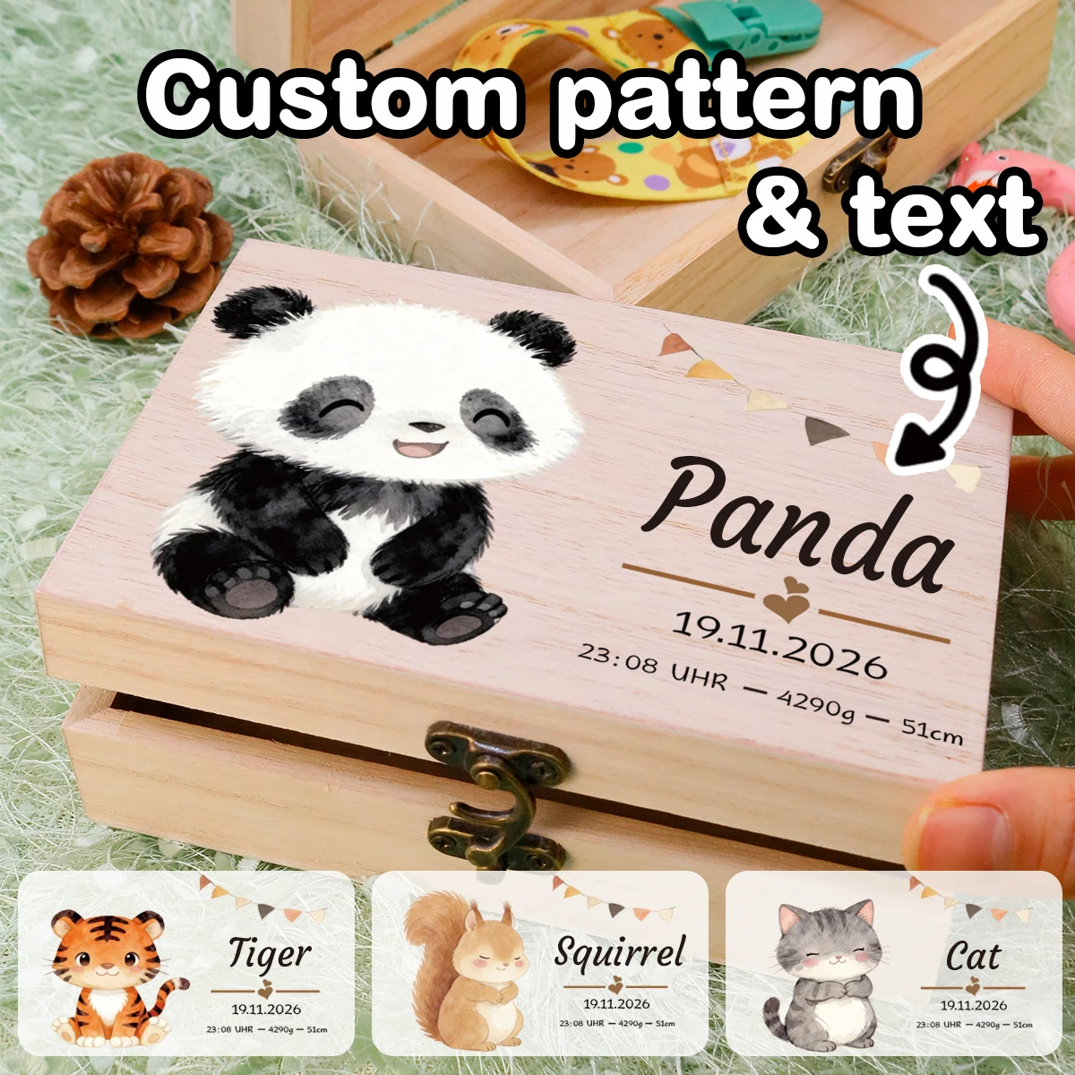 Custom Text Keepsake Box, Personalized Wooden Storage Box, Customized Memory Box, Cute Animal Patterns.