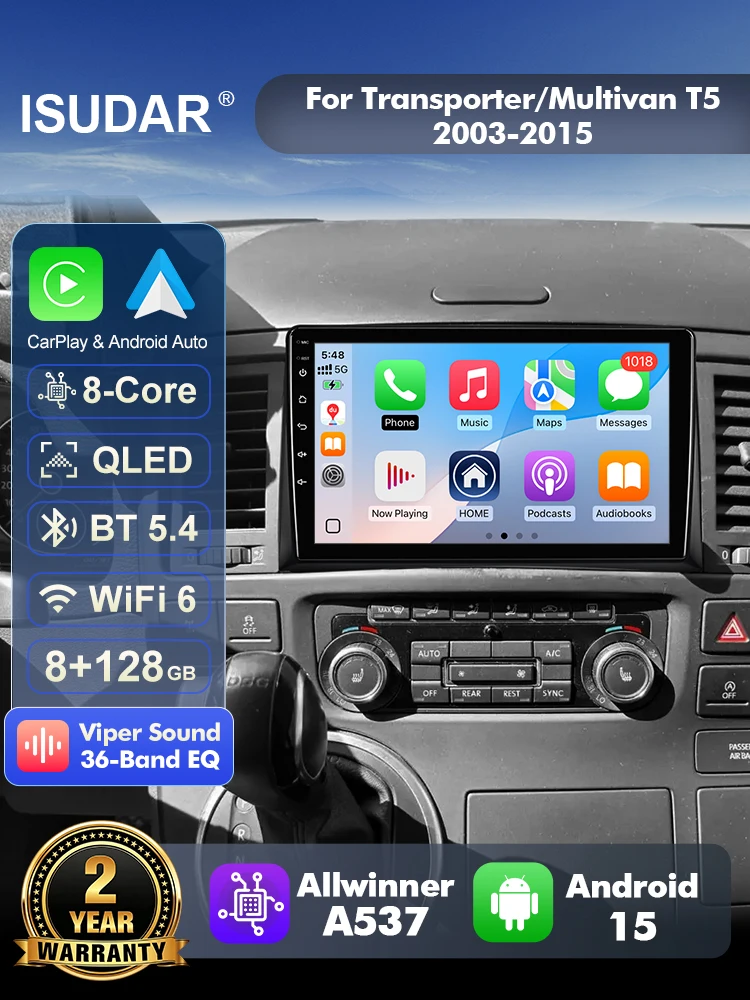 ISUDAR T57 Android 15 Radio For Volkswagen Multivan T5 2003-2015 Multimedia Player CarPlay Android Auto Head Unit Camera GPS DSP