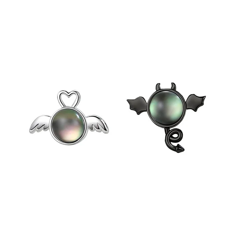 Cute Angels and Demons Stud Earrings Moonstone Heart Stud Earrings for Women Asymmetric Earring Gothic Jewelry Halloween Gift