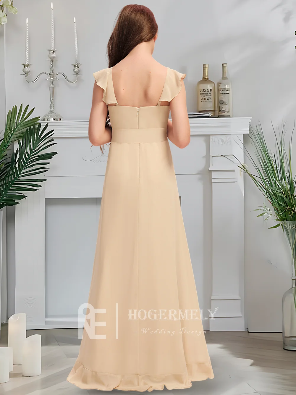 Lussuoso abito da damigella d'onore junior con scollo a V Abito da ragazza di fiori color oro cipria Chiffon asimmetrico con volant a cascata a strati Matrimonio