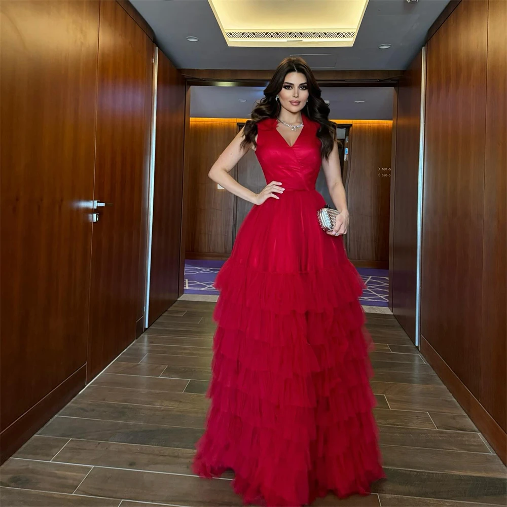 Sansa Customized Red Halter Neck A-line Tiered Ruffle Prom Dress Sleeveless Vestidos De Noche Floor-Length Formal Evening 2025