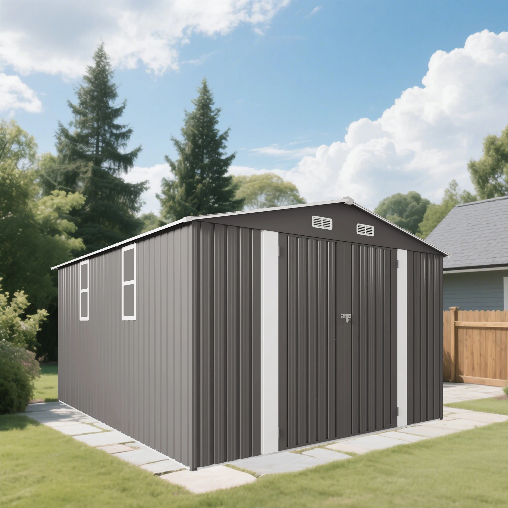 

10x12ft Outdoor Metal Storage Shed, Large Garden Shed with Double Doors & Windows, Waterproof, Grey