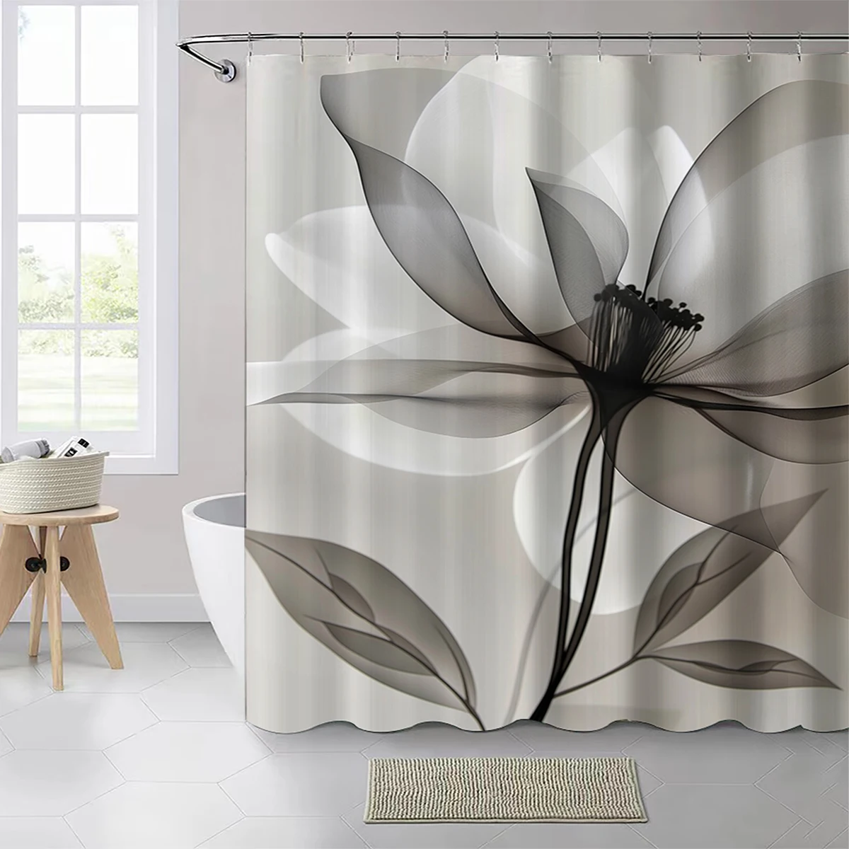 1 pc transparent leaf pattern polyester material shower curtain waterproof fabric, thickened anti mold partition curtain for