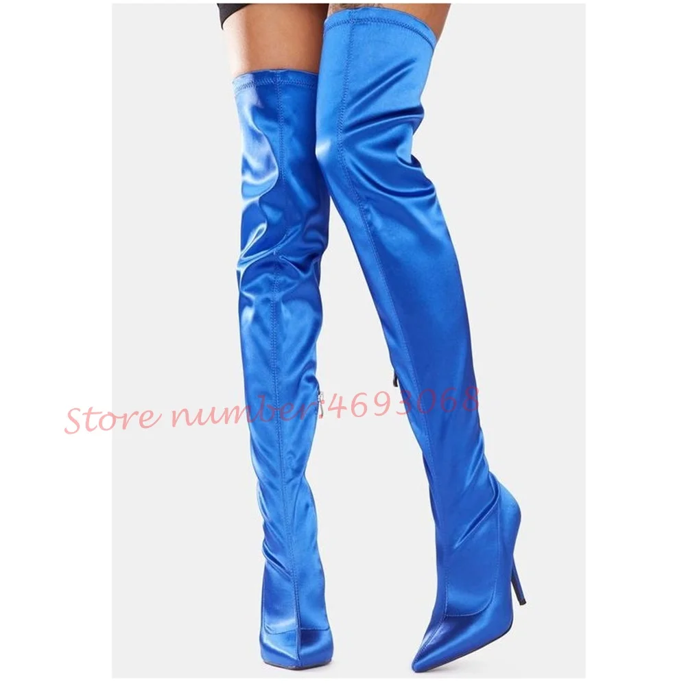 Candy Pink Satin Thigh High Boots Women Elegant Shiny Over The Knee Summer Boots Solid Pointed Toe Modern Fashion Women Shoes