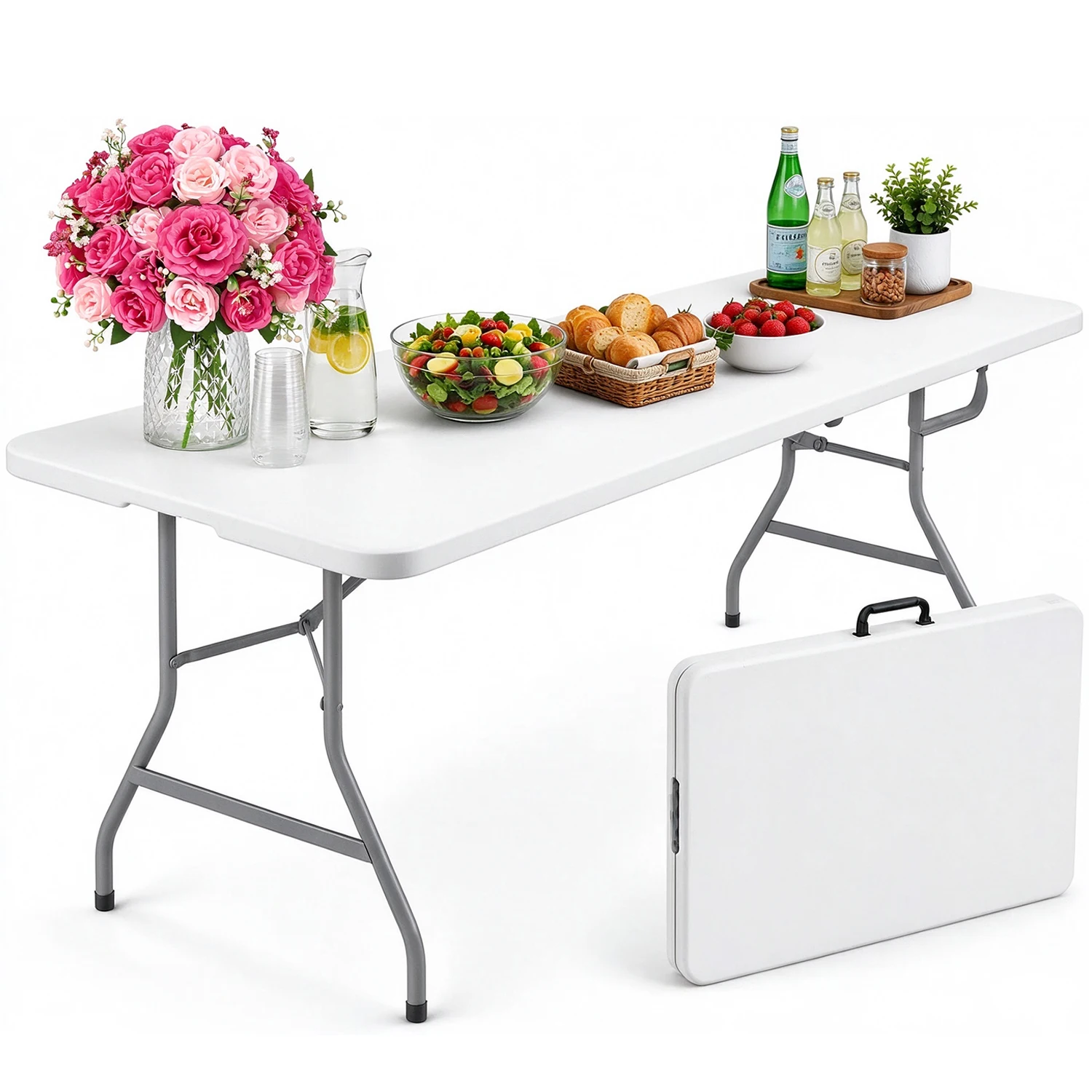 Foldable Rectangle Utility Table, Lightweight Portable Plastic Table with Carry Handle, Ideal for Camping, Picnic, Banquet and Indoor Outdoor Use