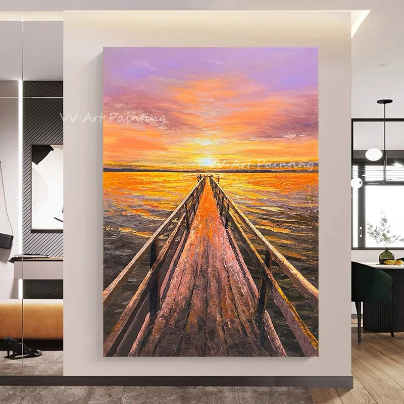 Modern Abstract handmade wooden bridge along the seaside ocean with colorful sky and sunset beautiful scenery oil painting