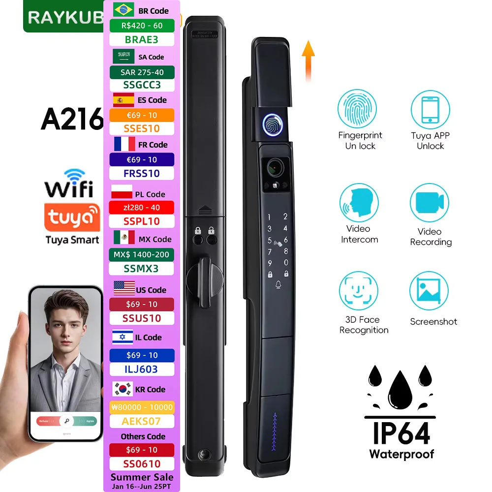 

RAYKUBE A216 Tuya WiFi Waterproof Visual Intercom 3D Face Recognition Digital Fingerprint Lock With Video Call Keyless Unlock