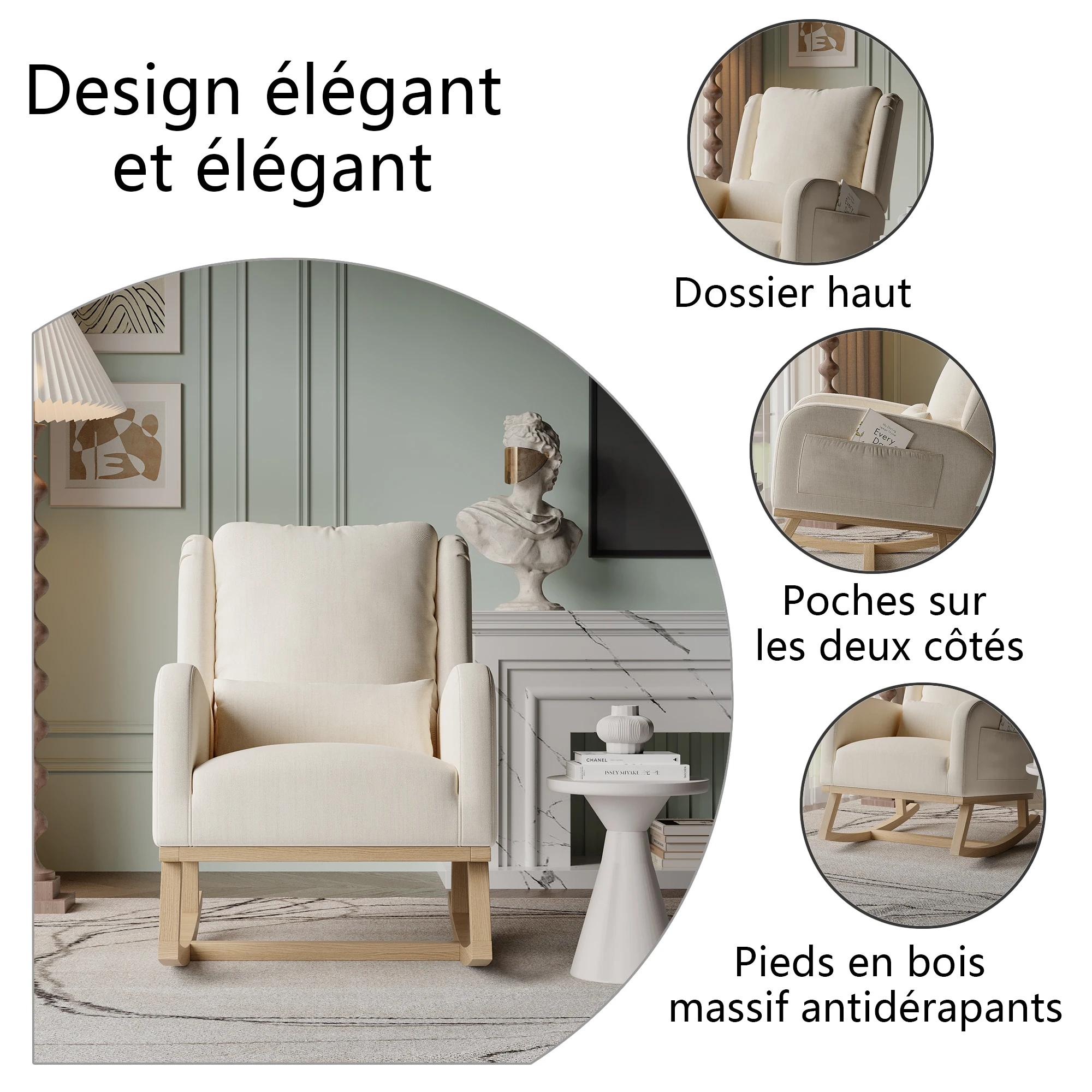 Schaukelstuhl mit massivem Holzgestell, geeignet für Wohnzimmer, Schlafzimmer, Balkon und Garten (Beige, 68 x 93 x 96 cm) – Detail 4