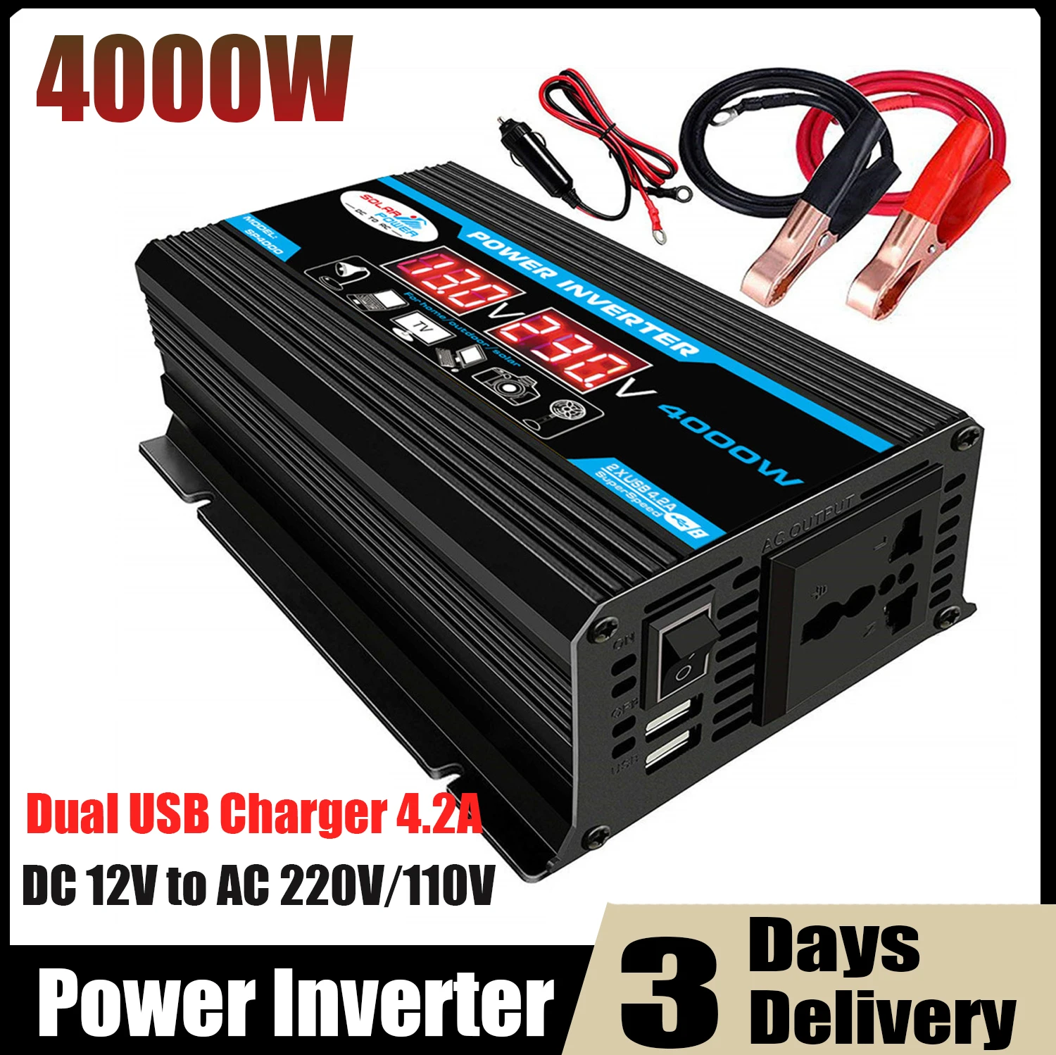 Hot New 4000W 12V to 220V/110V LED Car Power Inverter Converter Charger Adapter Dual USB Voltage Transformer Modified Sine Wave