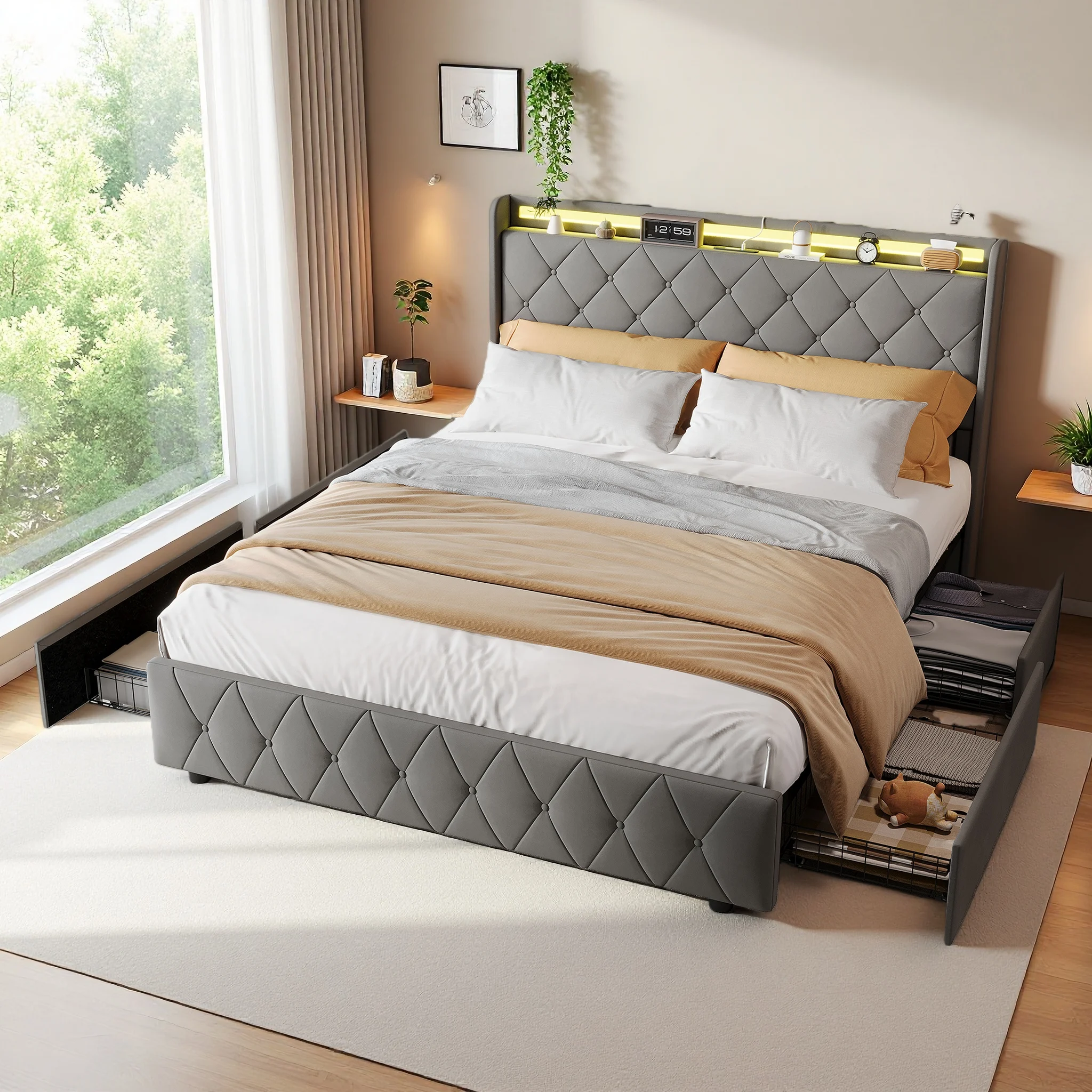 Creahappy, letto con cassetti, dimensioni 140 x 200 cm, letto imbottito con 4 cassetti contenitori su ruote, struttura letto matrimoniale, letto con spazio contenitivo, testiera con vani contenitori,