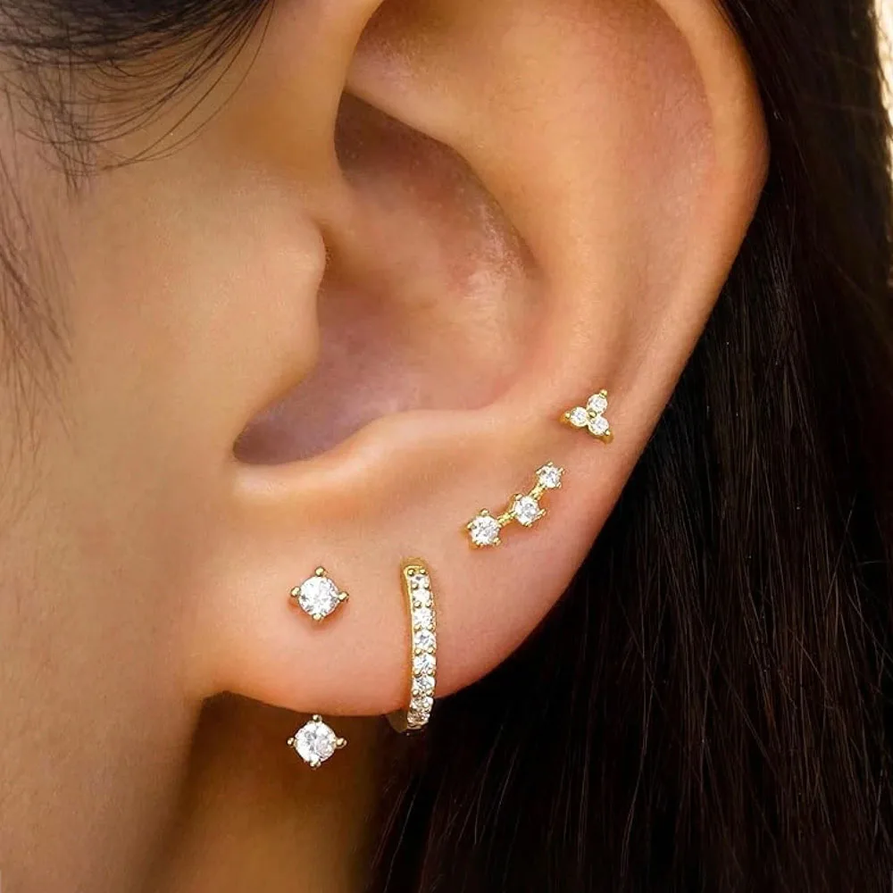 4 par/unids Huggie Hoop chaqueta pendiente pila para mujer, exquisito circón pequeño pendiente hipoalergénico para múltiples perforaciones