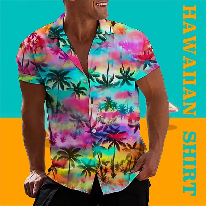 Men\'s shirt Hawaiian shirt gradient coconut pattern print rainbow casual short sleeved button clothing tropical fashion soft