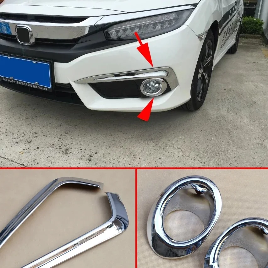 Chrome Exterior Fog Light Cover + Strips Trims Molding For Honda Civic 10th Sedan Coupe 2016 2017 2018