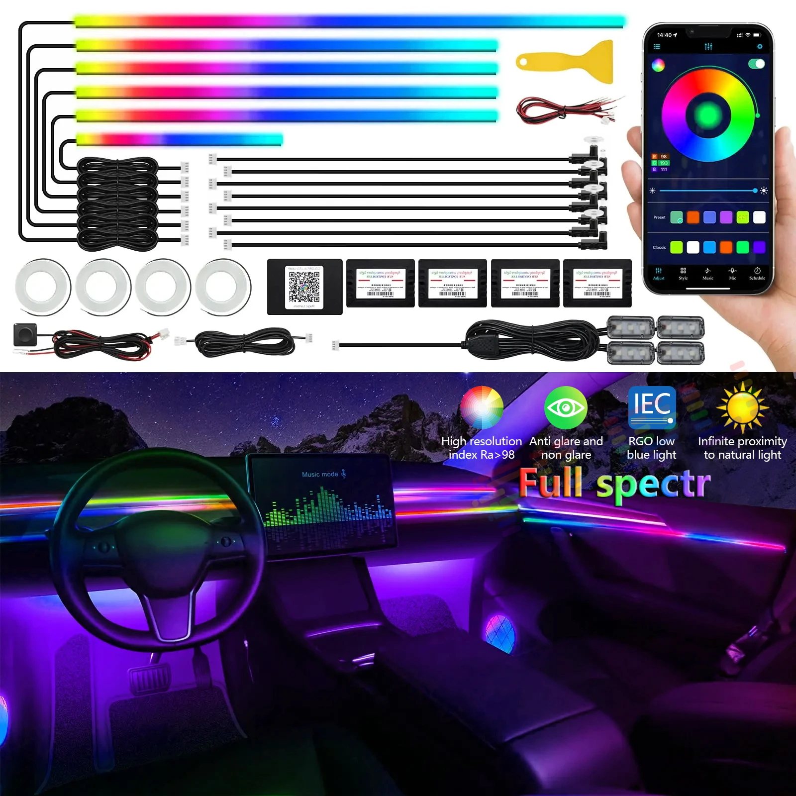 22 In1 Full Color Streamer Car Ambient Lights LED Interior Hidden Acrylic Strip Symphony RGB 64 Color Universal Atmosphere Lamp
