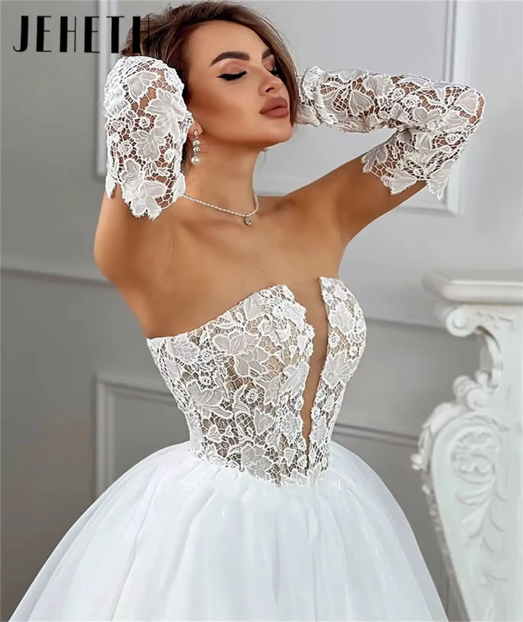 Sexy V-neck Beckless Lace A-Line Wedding Dress for Wedding Ceremony Elegant Long Sleeve Beidal Gown Vestido De Noival Customized