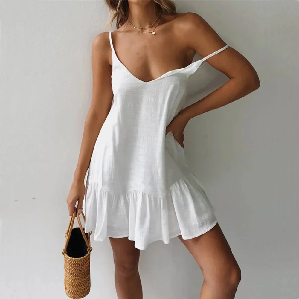 Kleid Frauen Sexy Spaghetti Strap Rüschen Sommer Kleid 2025, Baumwolle Leinen Vestidos Grüne Kleider Off Schulter Sexy Mini Sommerkleid