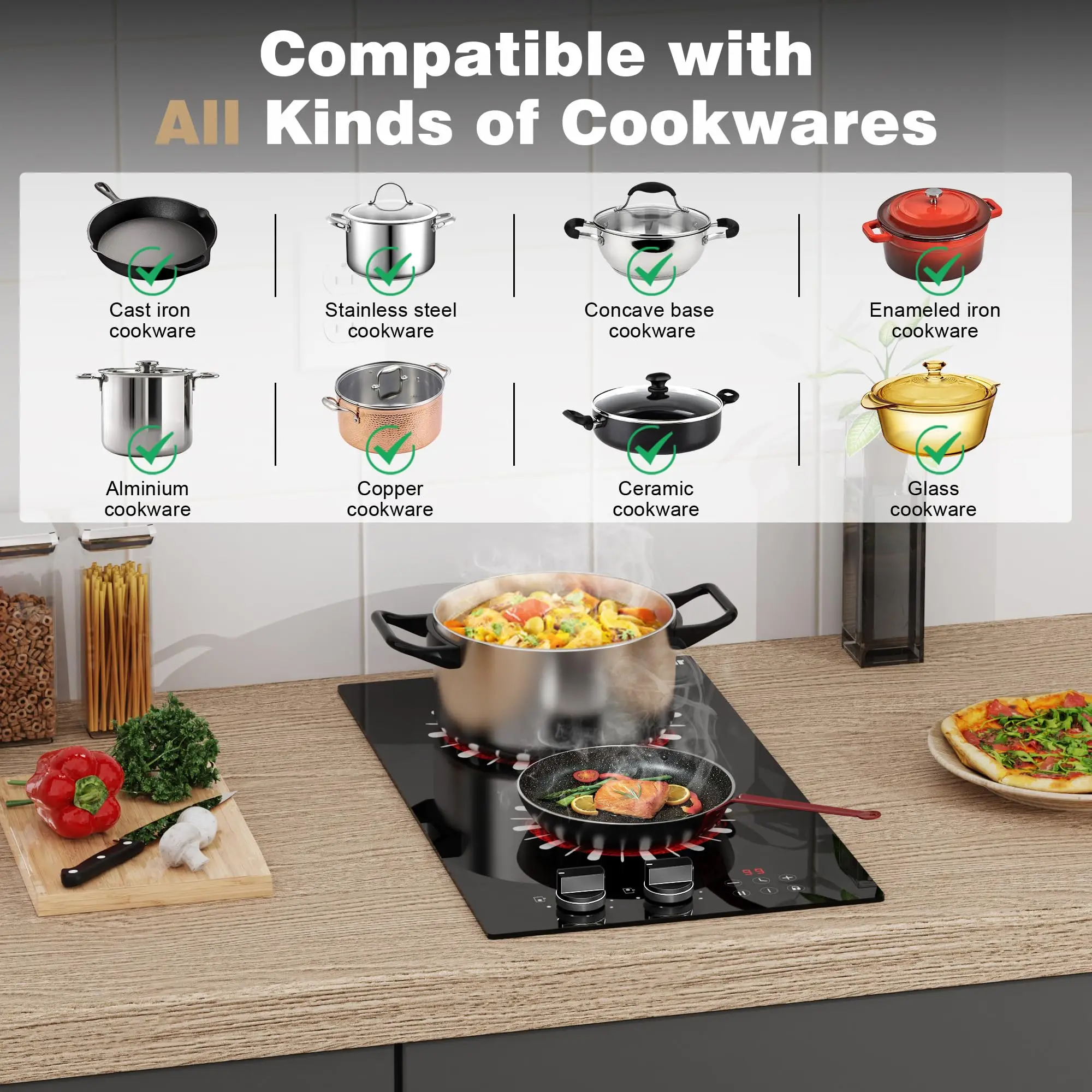 كارينير 110 فولت موقد كهربائي 2 شعلة، موقد كهربائي 12 بوصة مع توصيل، كونترتوب وموقد سيراميك مدمج، مقبض 1