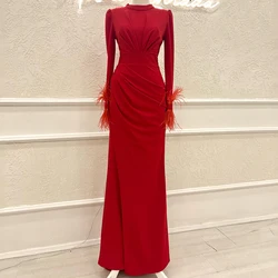 Charming High Neck and Long Sleeve Evening Dress with Feathers and Pleat Straight Women Party Event Custom Zipper Muslim Gowns
