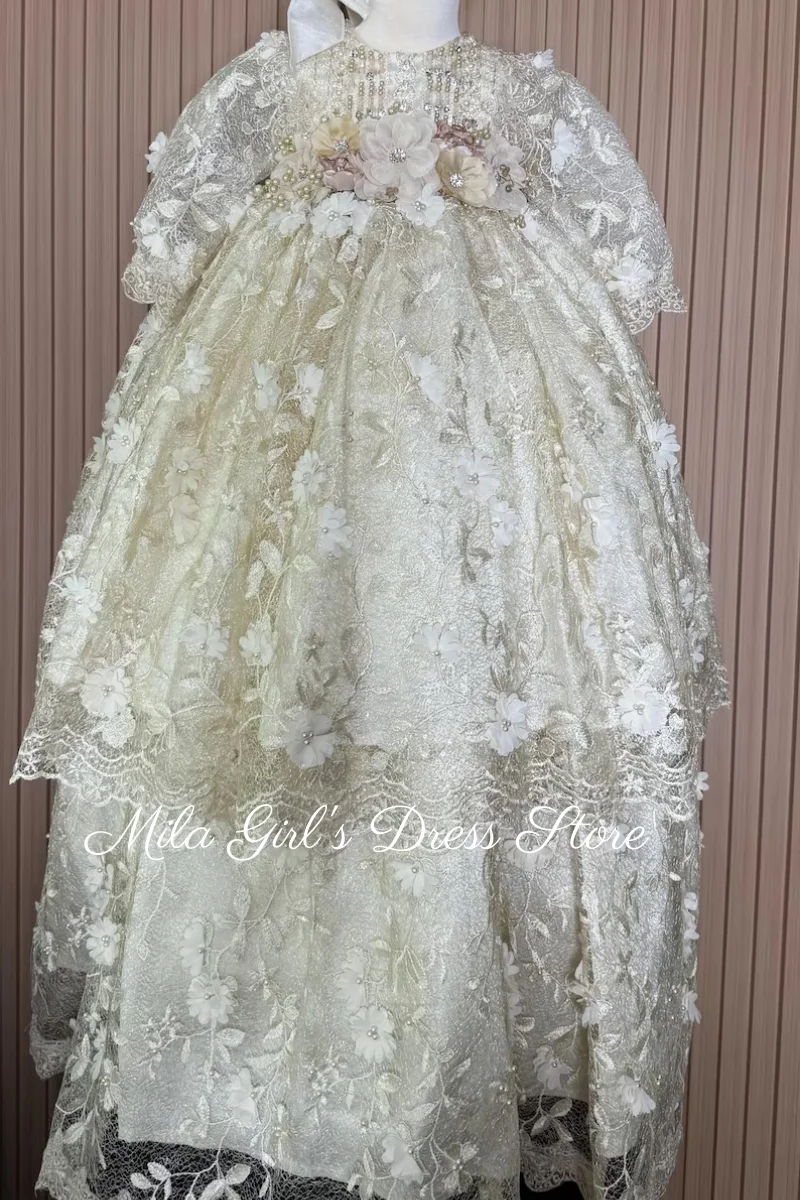 Customized Luxury Christening Gown For Little Kids Lace Appliques Pearls First Communion Dress Toddler Infant Baptism Gowns