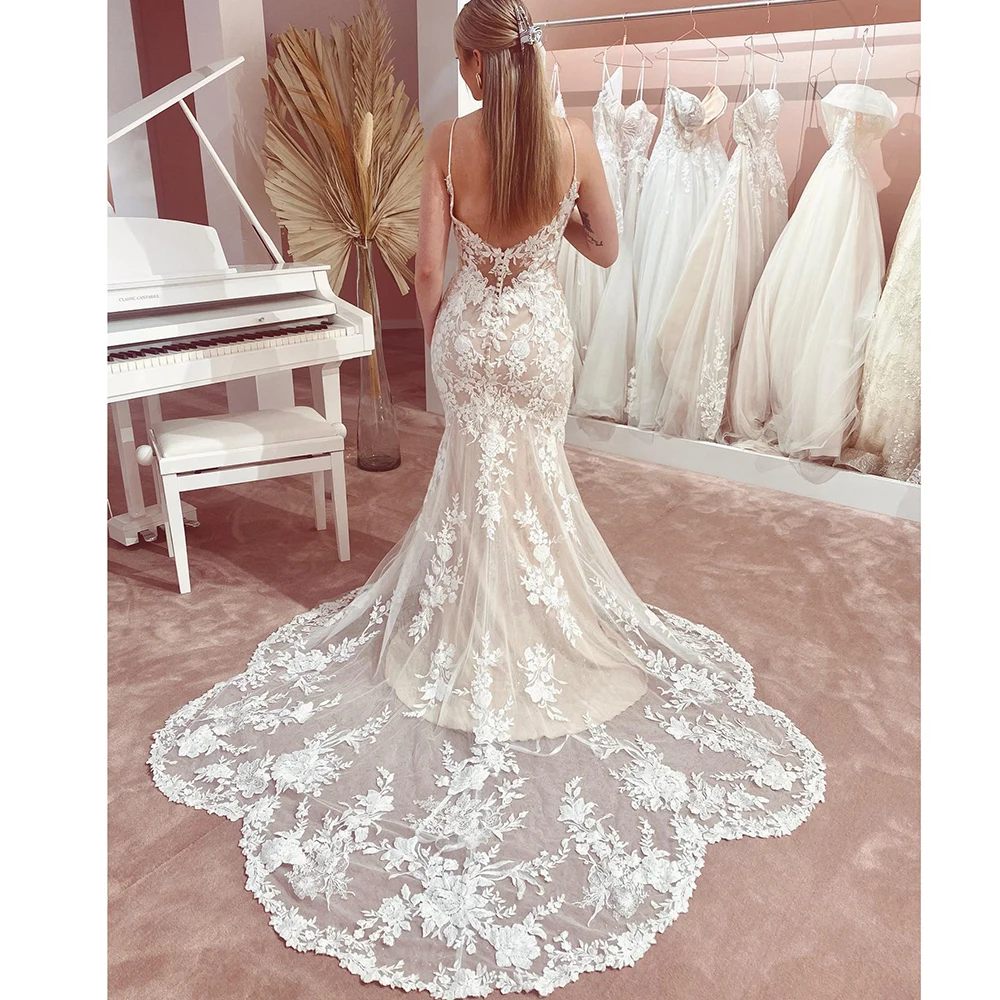 Lakshmigown Champagne Mermaid Wedding Dresses Vestidos Civil Lace Boho Bridal Gowns estido de noiva praiano